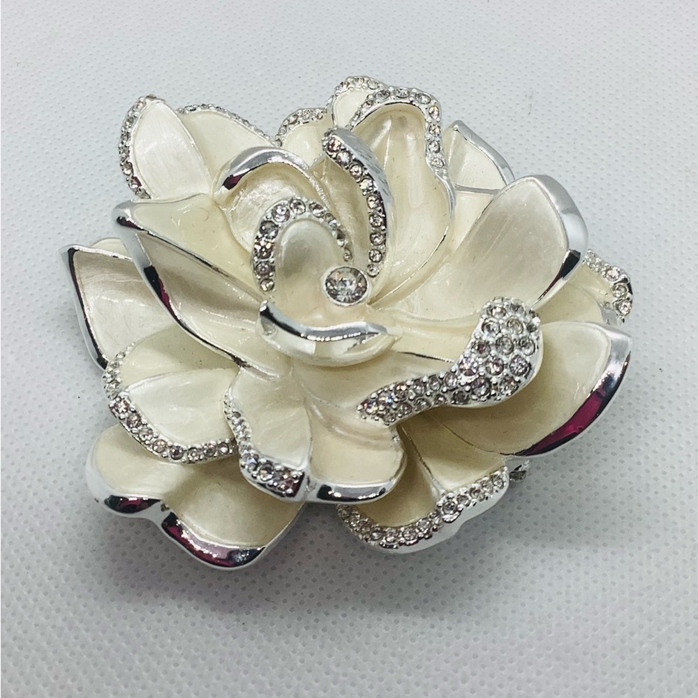 Joan Rivers Brooch Pin 3" Gardenia Silver Tone Ivory Enamel Swarovski Crystal